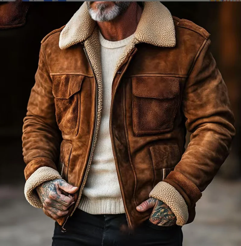 Herren Lammfell‑Imitat‑Fliegerjacke im Vintage‑Lederlook Drune