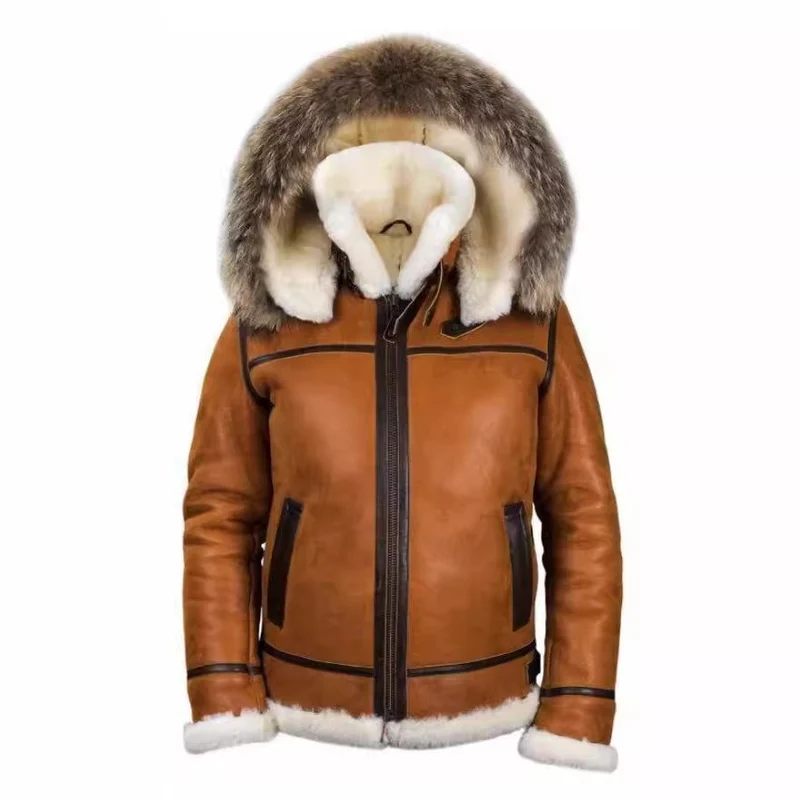 Herren Lammfell-Bomberjacke im Aviator-Stil mit Kapuze und Kontrastlederbesatz Drune