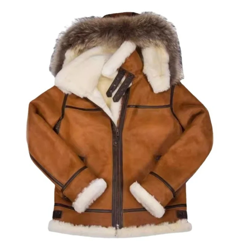 Herren Lammfell-Bomberjacke im Aviator-Stil mit Kapuze und Kontrastlederbesatz Drune