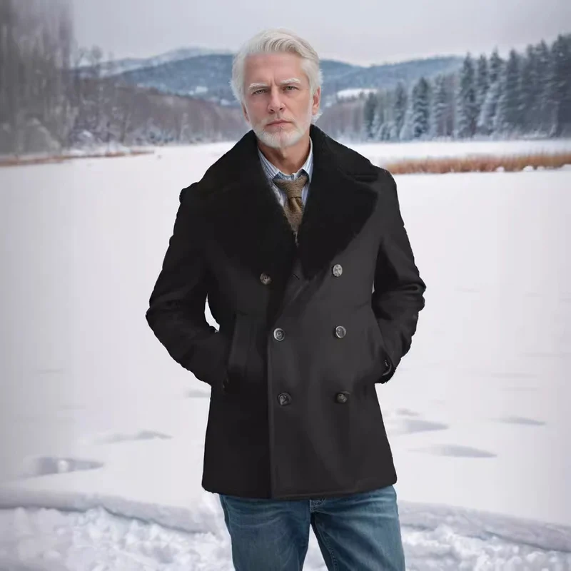 Herren Kurzmantel im Pea‑Coat‑Stil aus Wollmix mit voluminösem Teddykragen und Eingrifftaschen Drune