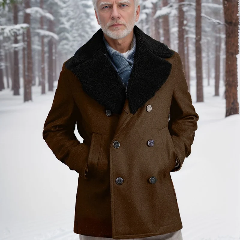 Herren Kurzmantel im Pea‑Coat‑Stil aus Wollmix mit voluminösem Teddykragen und Eingrifftaschen Drune