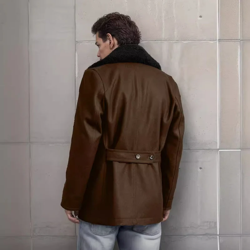 Herren Kurzmantel im Pea‑Coat‑Stil aus Wollmix mit voluminösem Teddykragen und Eingrifftaschen Drune
