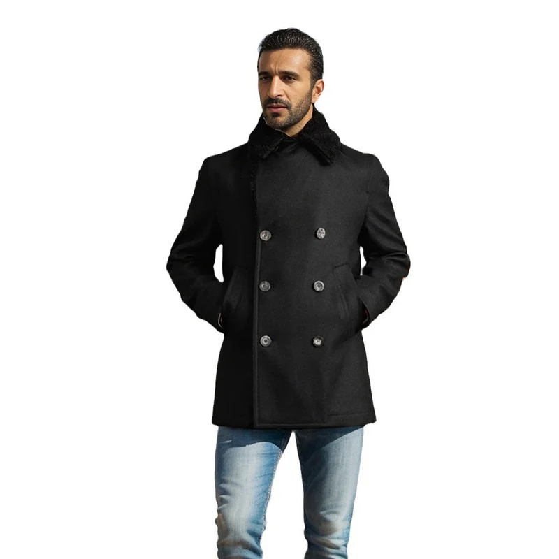 Herren Kurzmantel im Pea‑Coat‑Stil aus Wollmix mit voluminösem Teddykragen und Eingrifftaschen Drune