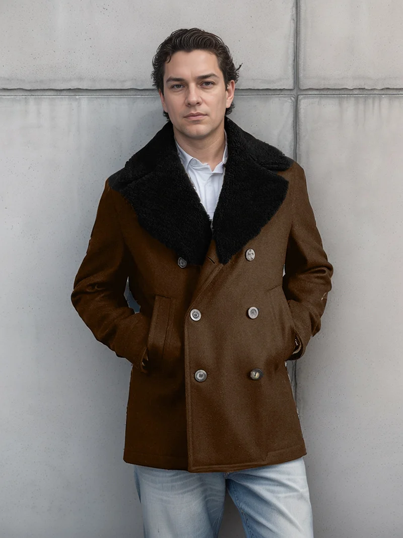Herren Kurzmantel im Pea‑Coat‑Stil aus Wollmix mit voluminösem Teddykragen und Eingrifftaschen Drune