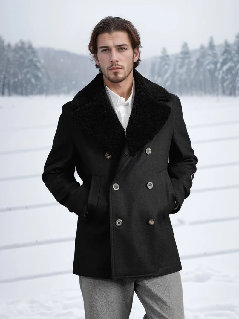 Herren Kurzmantel im Pea‑Coat‑Stil aus Wollmix mit voluminösem Teddykragen und Eingrifftaschen Drune