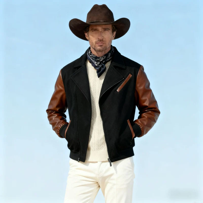 Herren Kurzjacke im Aviator‑Style mit Kontrastärmeln und asymmetrischem Reißverschluss Drune