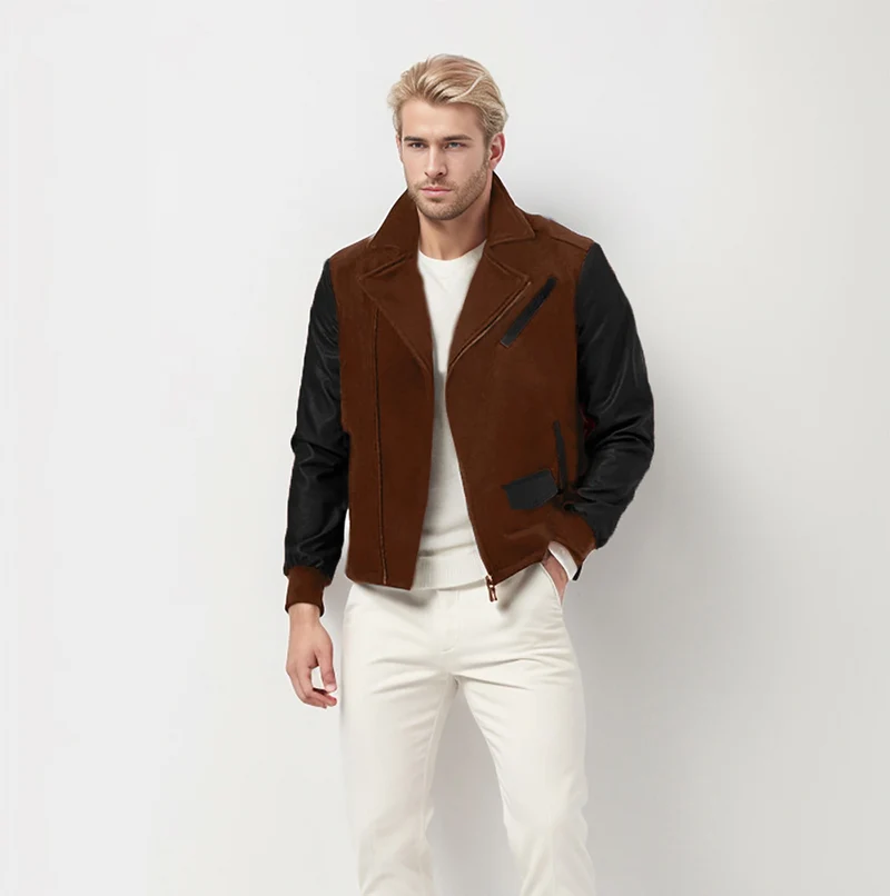 Herren Kurzjacke im Aviator‑Style mit Kontrastärmeln und asymmetrischem Reißverschluss Drune