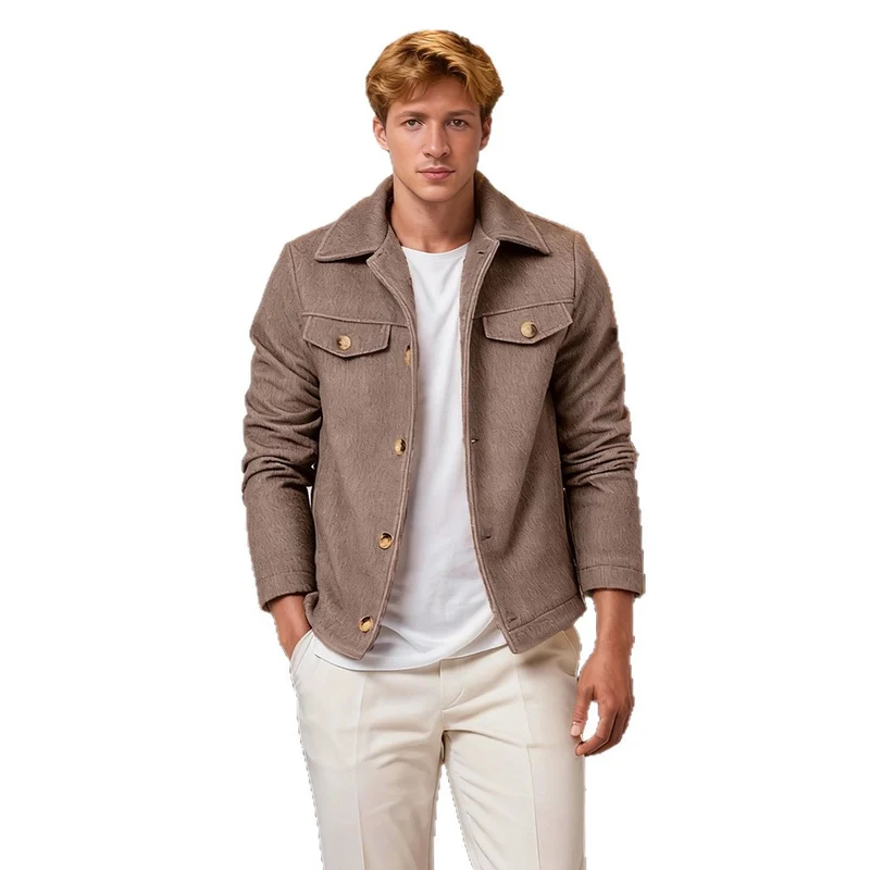 Herren Kurzjacke aus Velours‑Imitat mit Hemdkragen und Pattentaschen Drune
