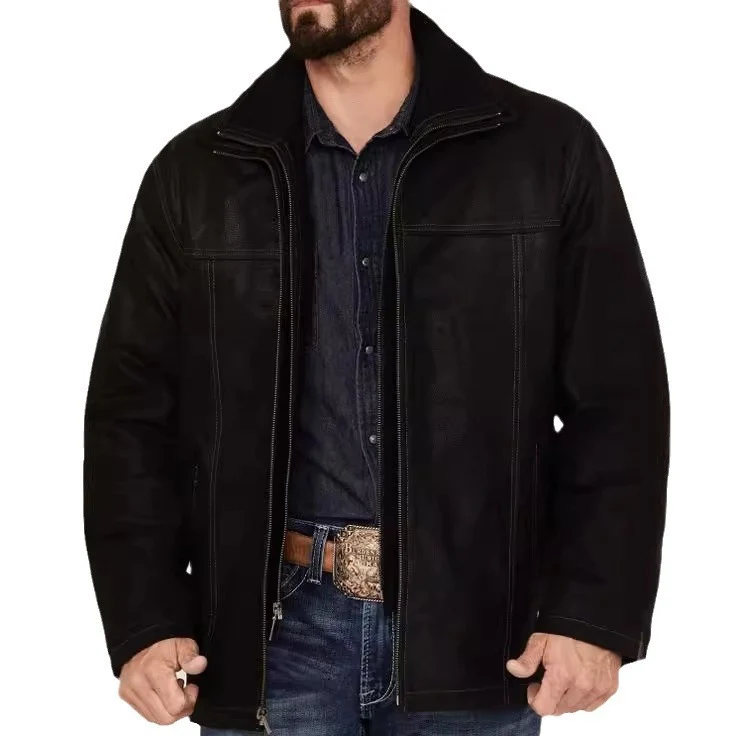 Herren Kurze Wildleder-Fieldjacke mit Stehkragen, verdecktem Reißverschluss und markanten Ziernähten Drune
