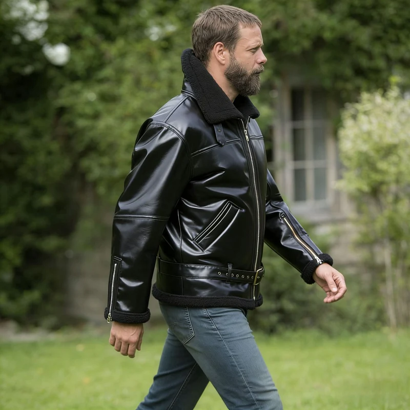 Herren Kunstleder-Fliegerjacke mit Teddyfutter, Reißverschlusstaschen und Taillengürtel Drune