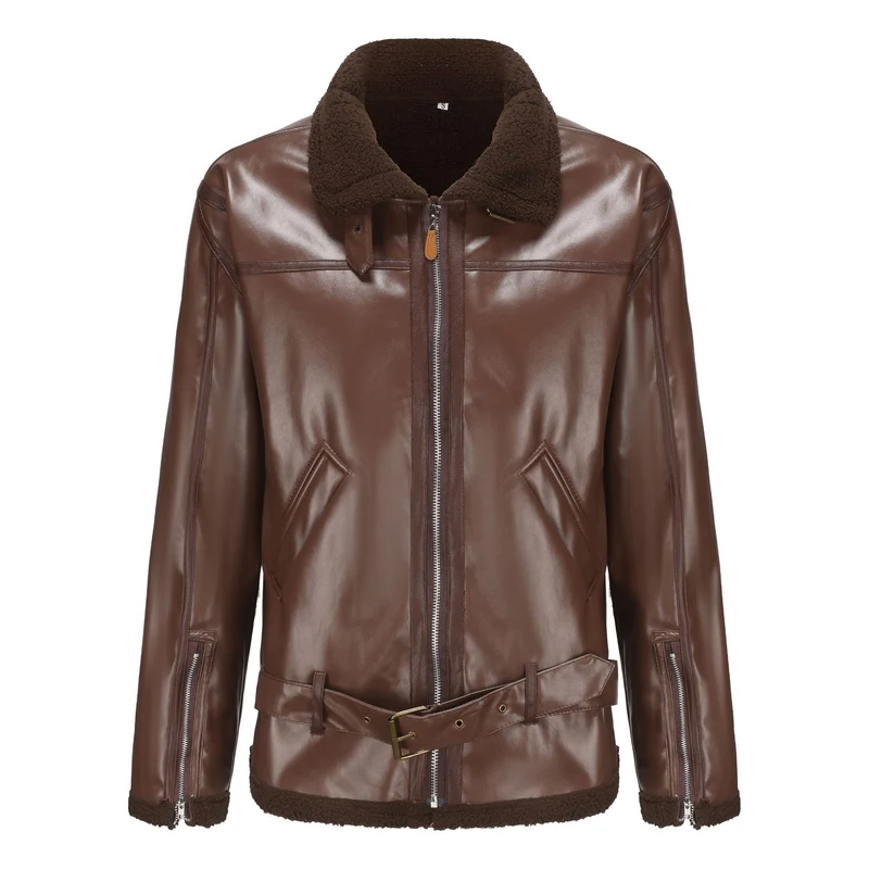 Herren Kunstleder-Fliegerjacke mit Teddyfutter, Reißverschlusstaschen und Taillengürtel Drune