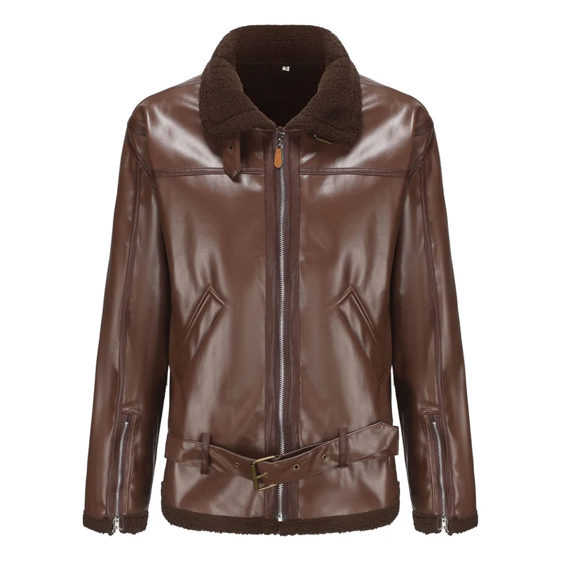 Herren Kunstleder-Fliegerjacke mit Teddyfutter, Reißverschlusstaschen und Taillengürtel Drune
