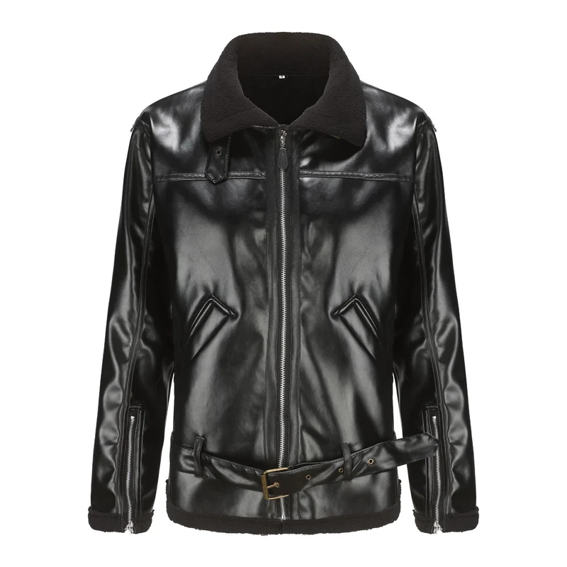 Herren Kunstleder-Fliegerjacke mit Teddyfutter, Reißverschlusstaschen und Taillengürtel Drune