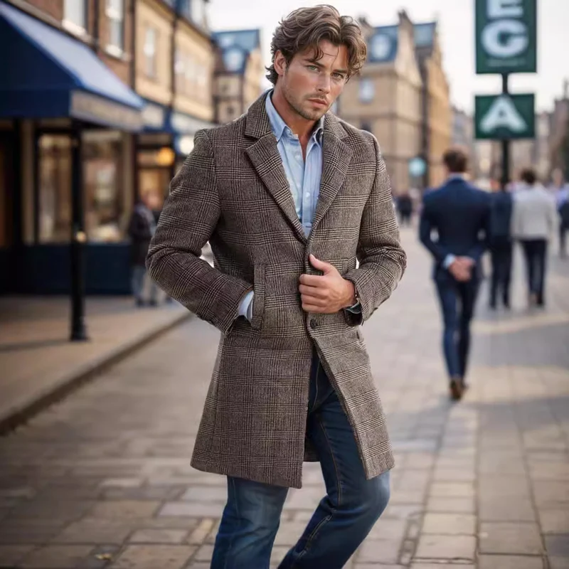 Herren Glencheck-Wollmix-Mantel mit gesteppter Thermofütterung und schmaler Silhouette Drune