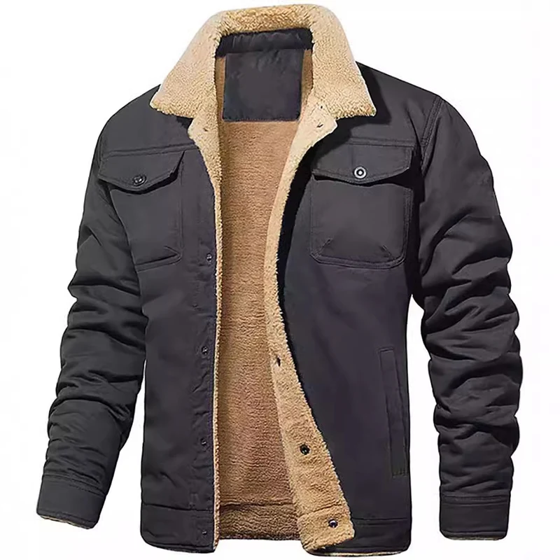 Herren gefütterte Sherpa-Canvas-Jacke mit Knopfleiste und Brusttaschen Drune