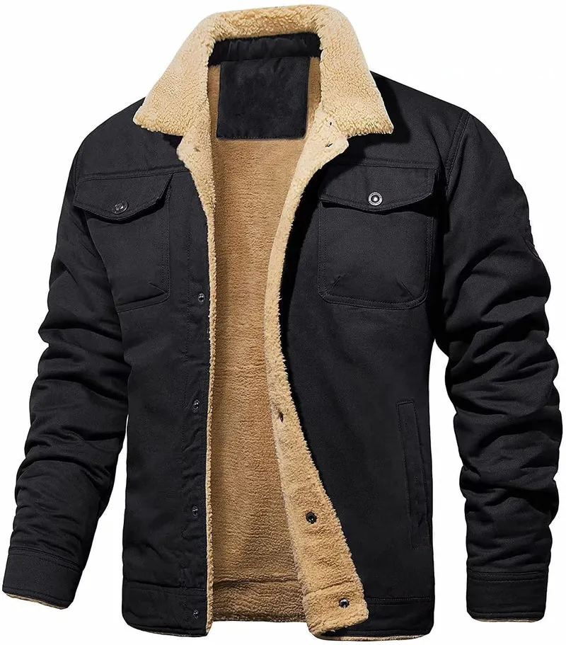 Herren gefütterte Sherpa-Canvas-Jacke mit Knopfleiste und Brusttaschen Drune