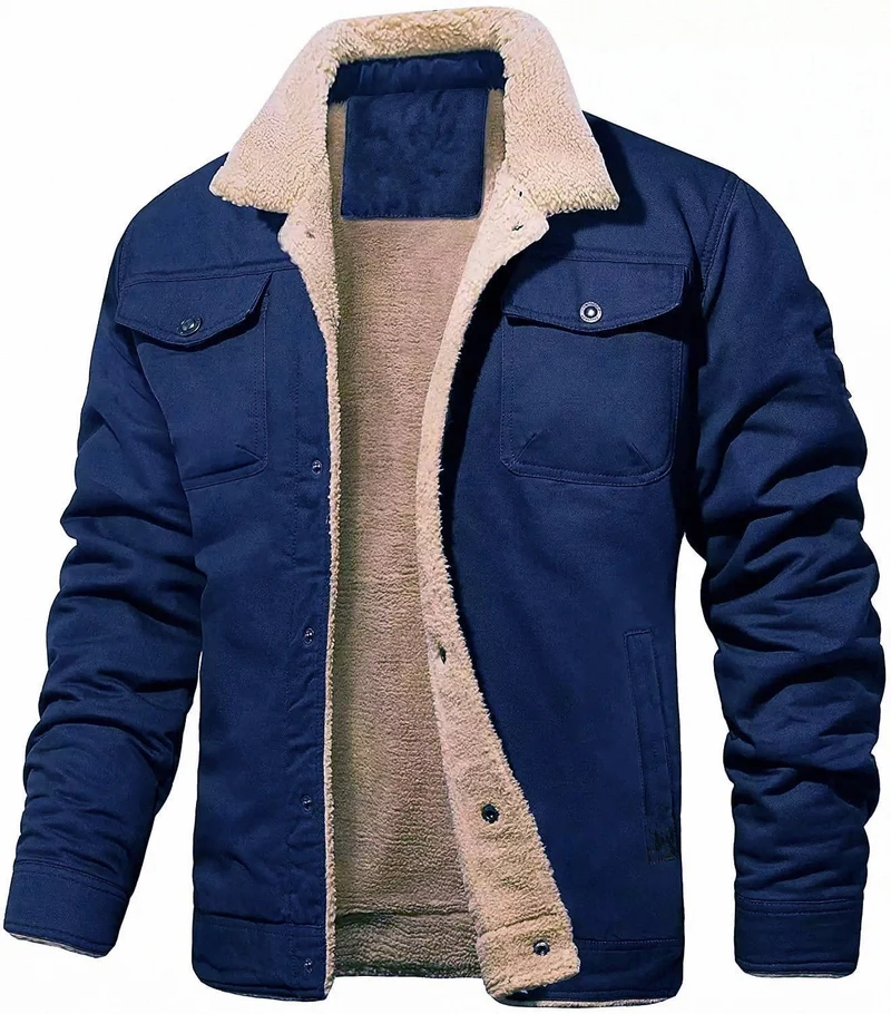 Herren gefütterte Sherpa-Canvas-Jacke mit Knopfleiste und Brusttaschen Drune
