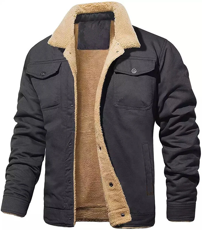 Herren gefütterte Sherpa-Canvas-Jacke mit Knopfleiste und Brusttaschen Drune