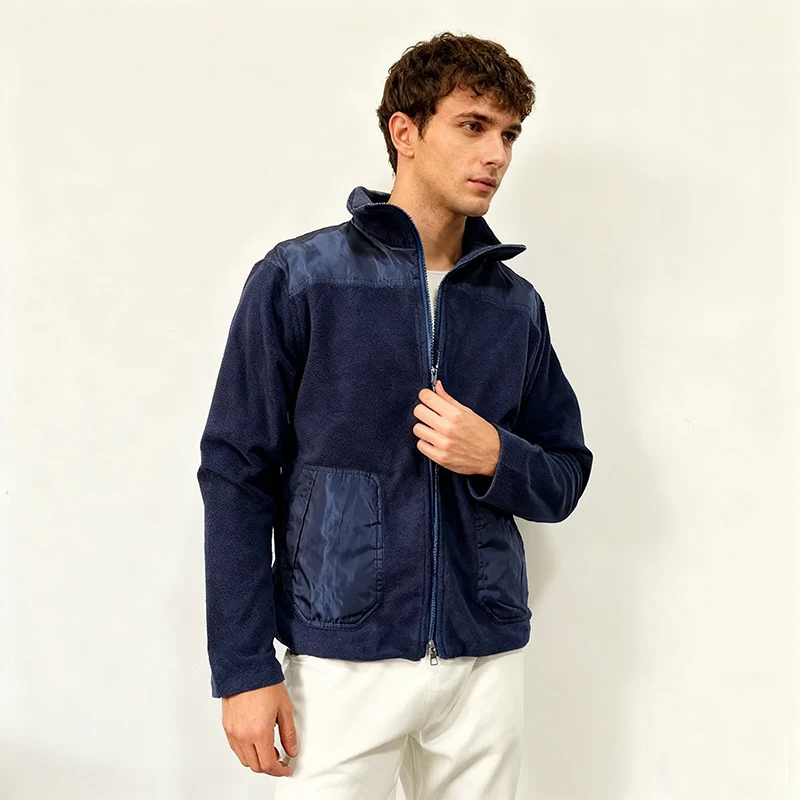 Herren Fleecejacke mit Stehkragen, Zwei‑Material‑Panel und Reißverschluss Drune