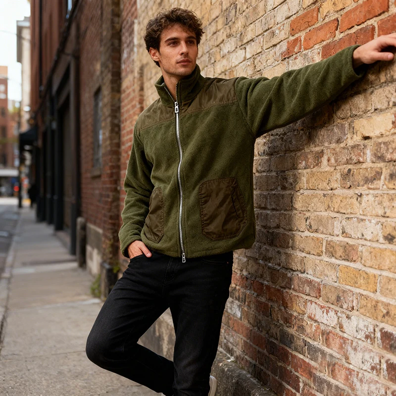 Herren Fleecejacke mit Stehkragen, Zwei‑Material‑Panel und Reißverschluss Drune