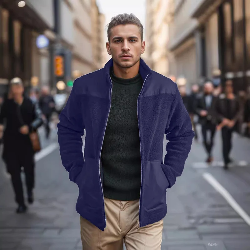 Herren Fleecejacke mit Stehkragen, Zwei‑Material‑Panel und Reißverschluss Drune
