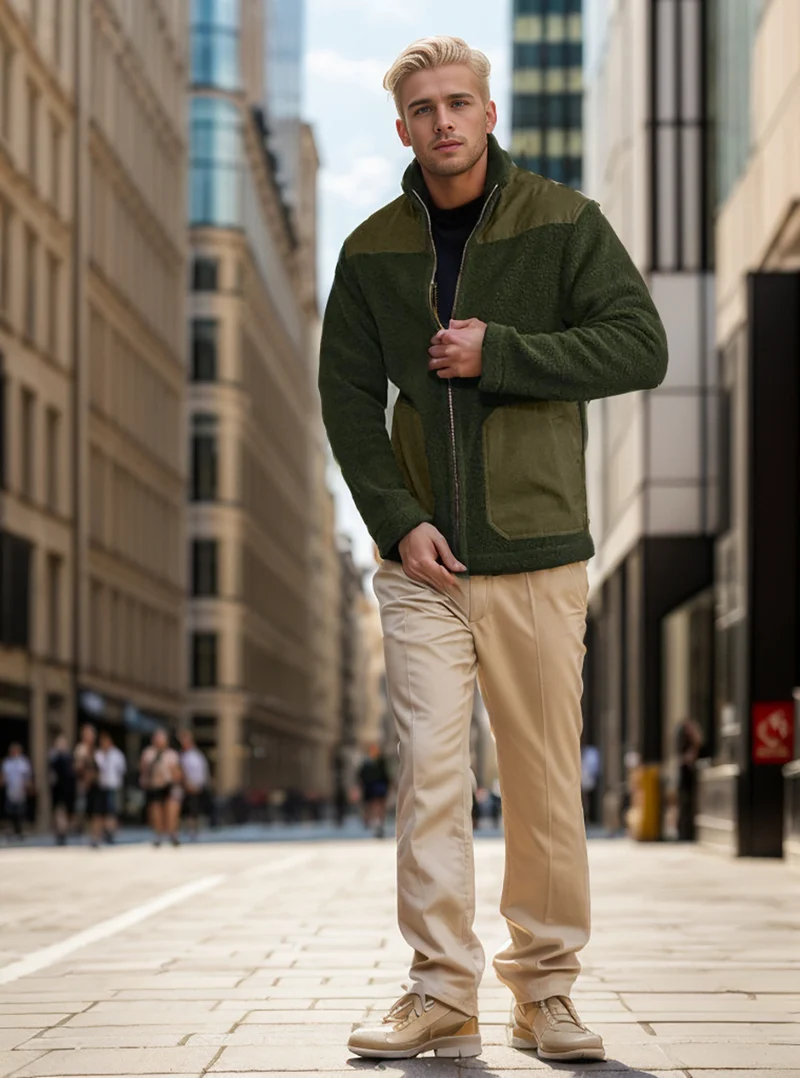 Herren Fleecejacke mit Stehkragen, Zwei‑Material‑Panel und Reißverschluss Drune