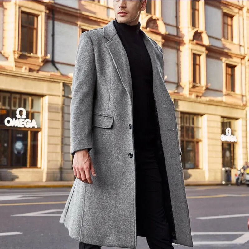Herren Eleganter Longline-Mantel aus Wollmix mit schmaler Silhouette und Reverskragen Drune