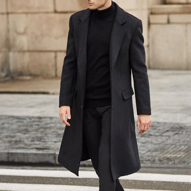 Herren Eleganter Longline-Mantel aus Wollmix mit schmaler Silhouette und Reverskragen Drune