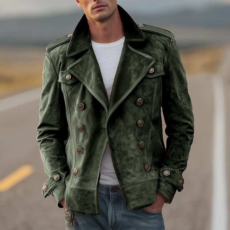 Herren Doppelreihige Wildlederjacke im Aviator‑Stil mit Epauletten Drune