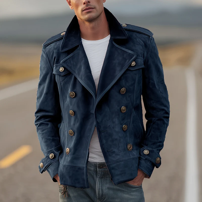 Herren Doppelreihige Wildlederjacke im Aviator‑Stil mit Epauletten Drune