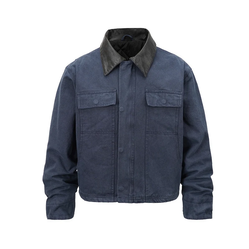 Herren Canvas-Fieldjacke im Overshirt-Look mit Lederkragen und aufgesetzten Pattentaschen Drune