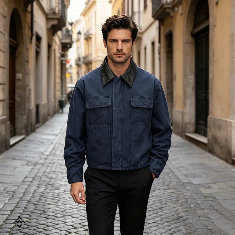 Herren Canvas-Fieldjacke im Overshirt-Look mit Lederkragen und aufgesetzten Pattentaschen Drune