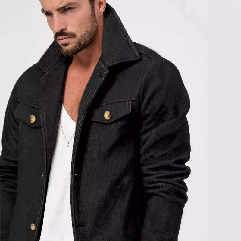 Herren Bouclé-Workerjacke mit Brusttaschen und Aufgesetzten Knöpfen Drune