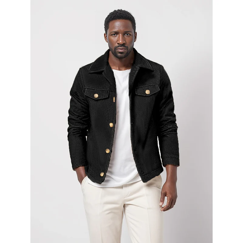 Herren Bouclé-Workerjacke mit Brusttaschen und Aufgesetzten Knöpfen Drune
