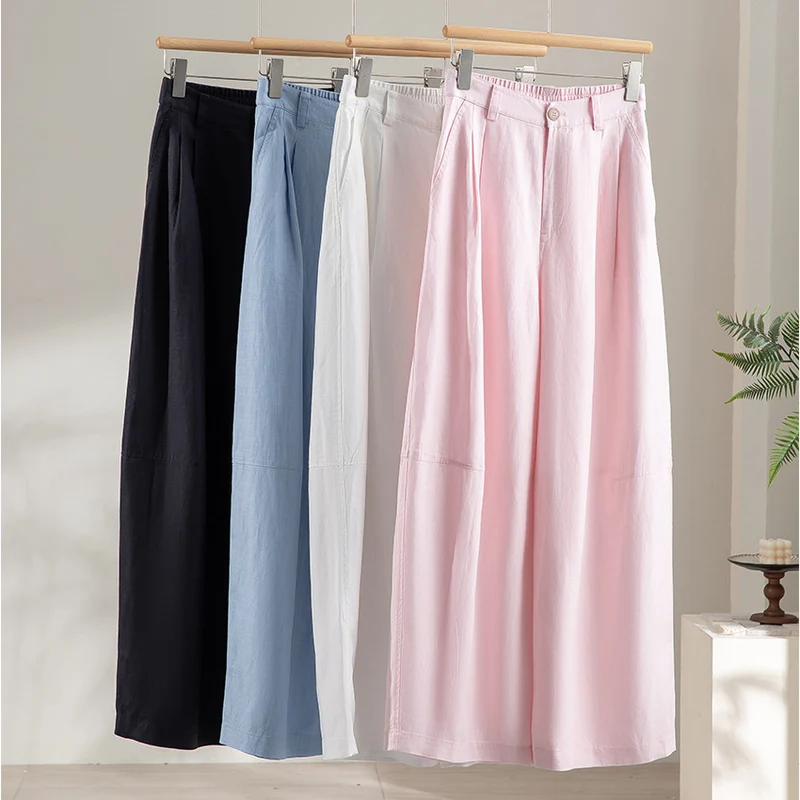 Damen weite Leinenoptik-Hose mit hoher Taille, Bügelfalte und elastischem Rückenteil Drune