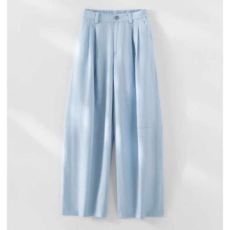 Damen weite Leinenoptik-Hose mit hoher Taille, Bügelfalte und elastischem Rückenteil Drune