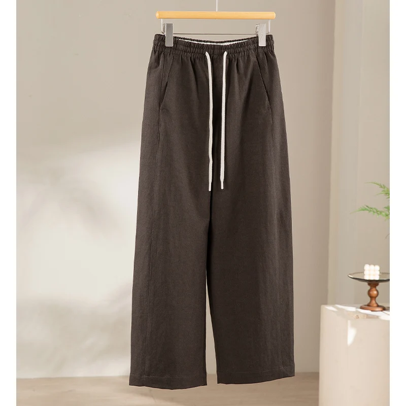 Damen Weite Leinenmix‑Hose mit elastischem Bund und Kordel Drune