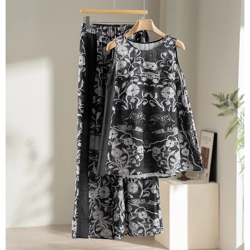 Damen Weite Leinenmix-Hose mit Elastikbund, Palazzoschnitt und ornamentalem Print Drune