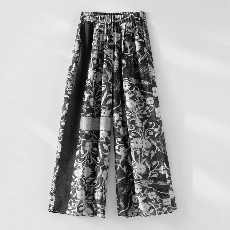 Damen Weite Leinenmix-Hose mit Elastikbund, Palazzoschnitt und ornamentalem Print Drune