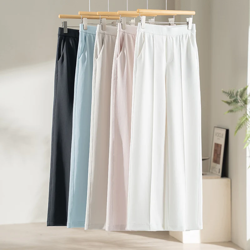 Damen Weite Highwaist-Hose mit Bügelfalte, elastischem Bund und Eingrifftaschen Drune