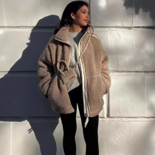 Damen Weit geschnittene Teddy-Fleecejacke mit hohem Stehkragen Drune