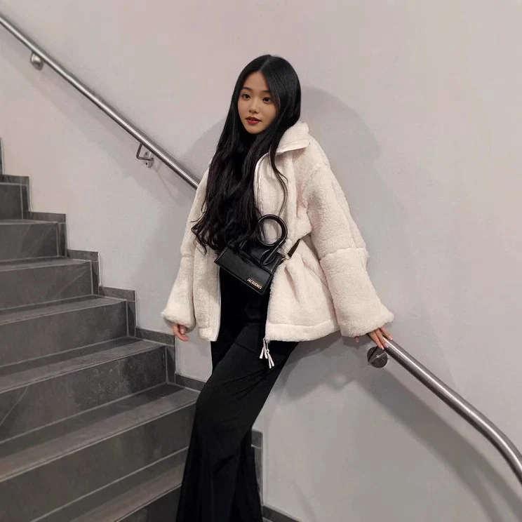 Damen Weit geschnittene Teddy-Fleecejacke mit hohem Stehkragen Drune