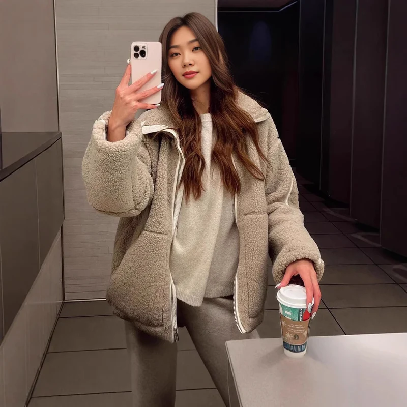 Damen Weit geschnittene Teddy-Fleecejacke mit hohem Stehkragen Drune