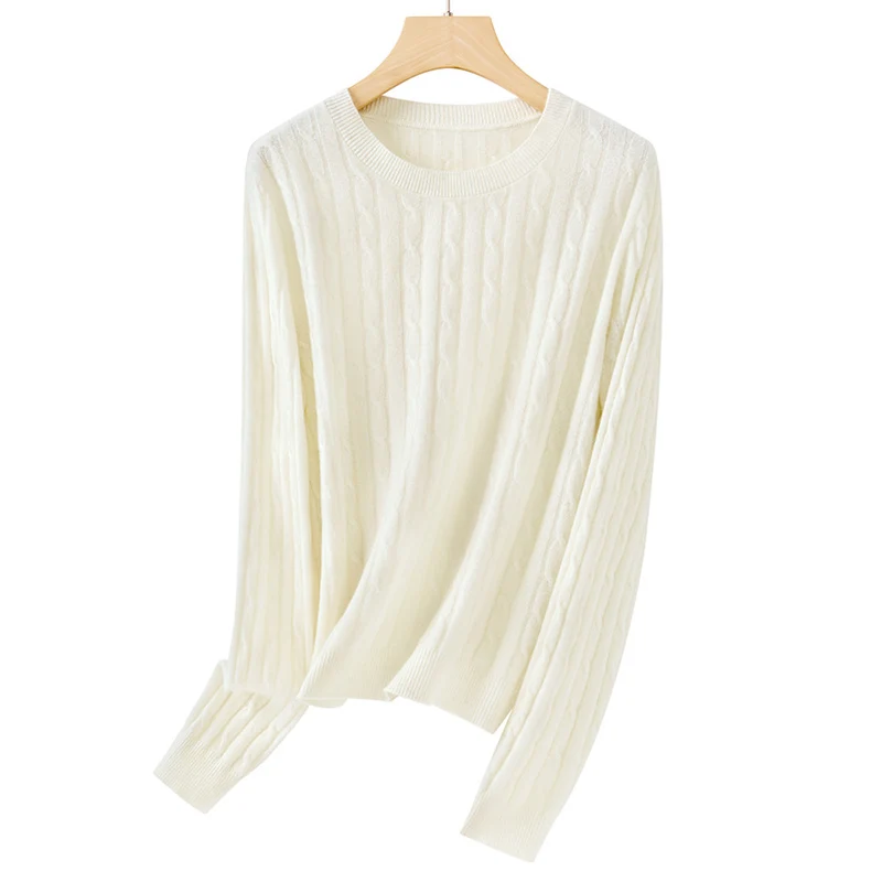 Damen weicher Zopfstrick-Pullover aus Feinstrick mit Rundhalsausschnitt und Rippbündchen Drune