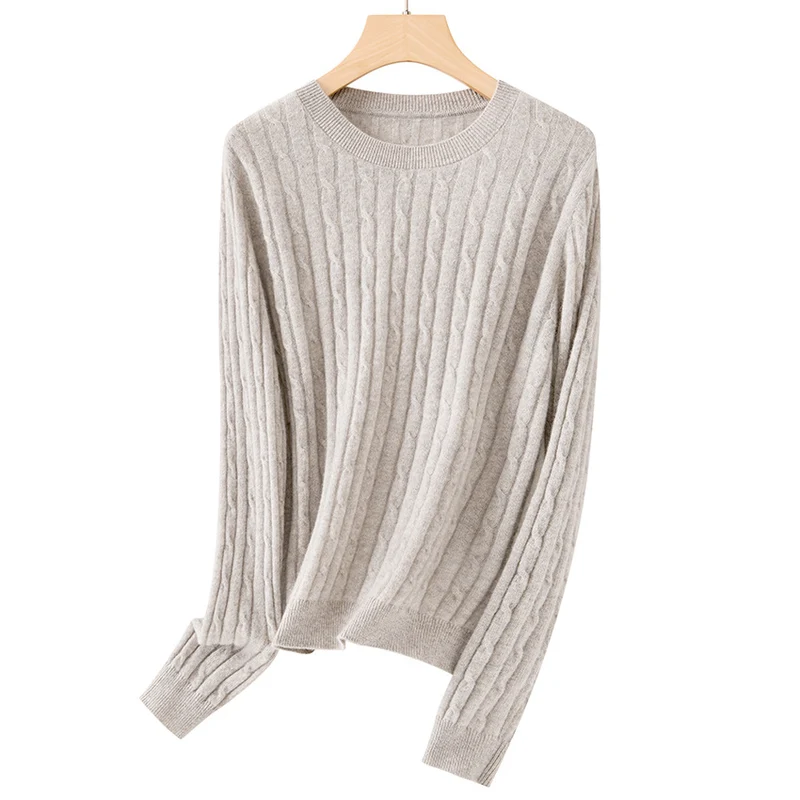 Damen weicher Zopfstrick-Pullover aus Feinstrick mit Rundhalsausschnitt und Rippbündchen Drune