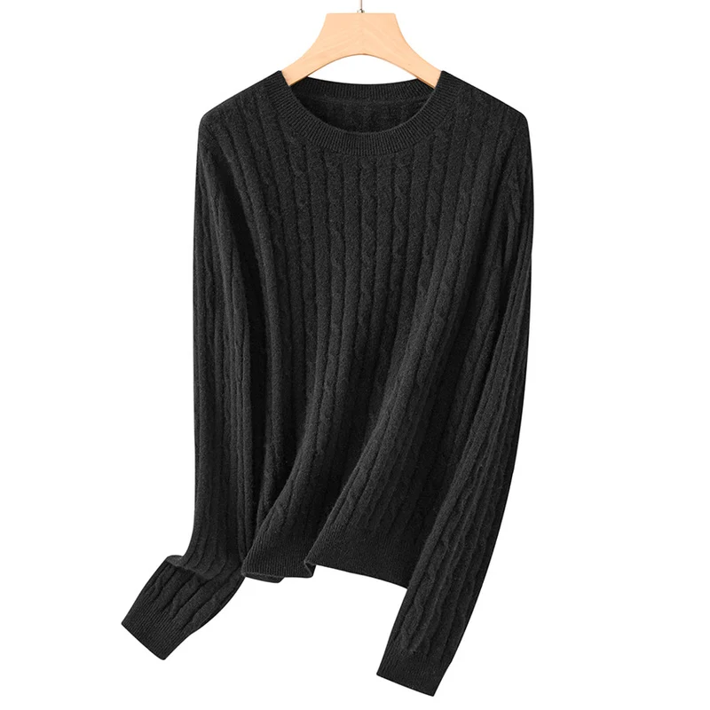Damen weicher Zopfstrick-Pullover aus Feinstrick mit Rundhalsausschnitt und Rippbündchen Drune