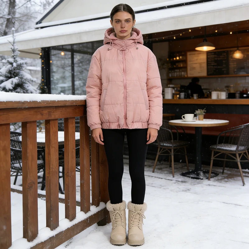 Damen Wattierte Steppjacke mit Volumenkapuze, elastischem Saum und verstellbarer Taille Drune