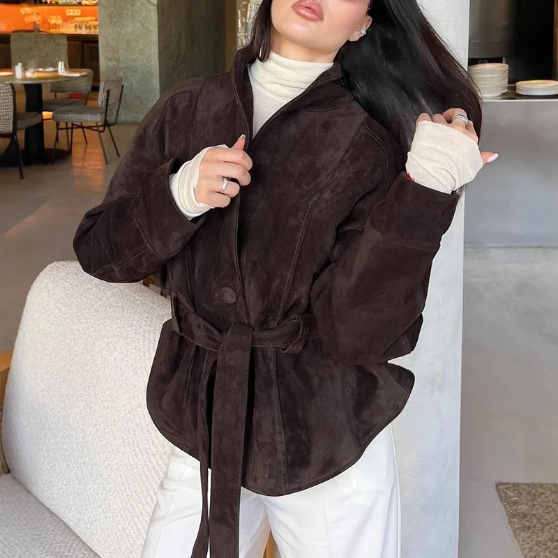 Damen Velourslederjacke mit Schalkragen und Bindegürtel Drune