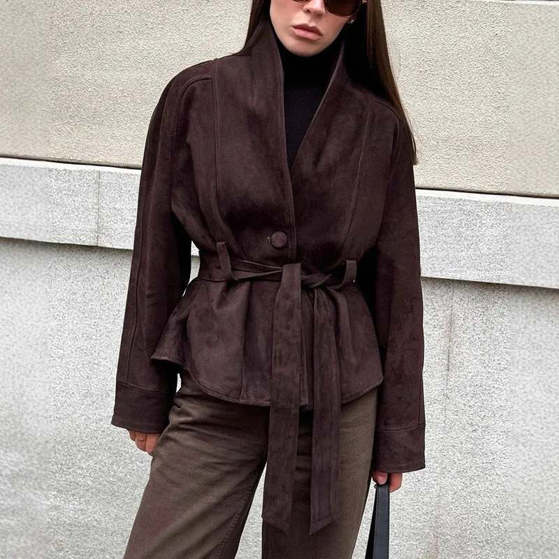 Damen Velourslederjacke mit Schalkragen und Bindegürtel Drune