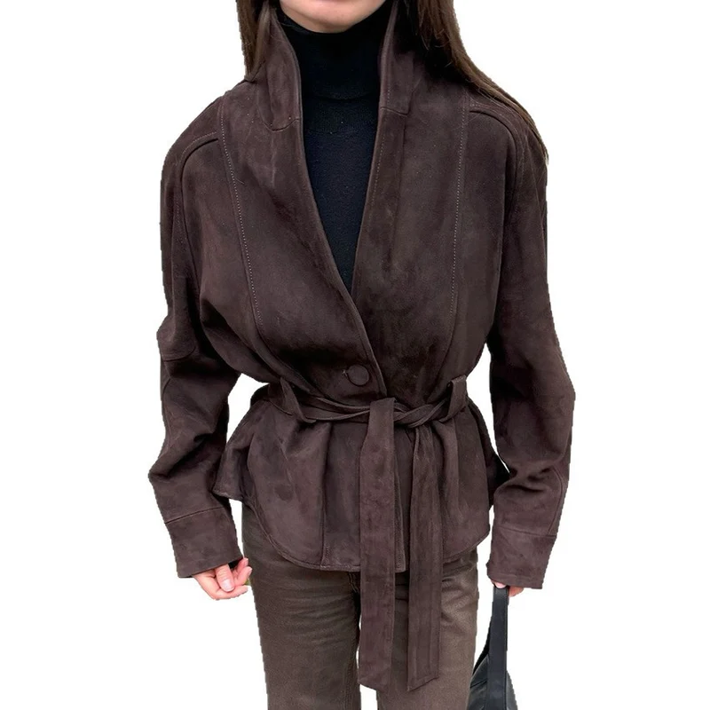 Damen Velourslederjacke mit Schalkragen und Bindegürtel Drune